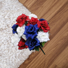 12 Stem Artificial Roses & Carnations Mixed Bush, Faux Spring Flowers for Indoor Wedding Home Decor, Cemetery Grave Decor - Red, White, Blue