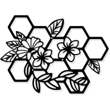 Panal de abejas con decoración floral de metal para pared, decoración colgante de pared negra, silueta de arte para pared.
