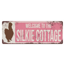 Letrero metálico vintage de 6x16 pulgadas - Bienvenido a Silkie Cottage, decoración rústica de pared para tienda, cueva de hombre, bar, compatible