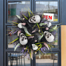 Halloweenská černá síťovaná lebka, věnec s hlavou, simulace věnce, duch, festival, párty dekorace, rekvizity