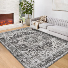 Tapis lavable Haperlare 152 x 213 cm, motif floral vintage, antidérapant, gris, idéal pour le salon et la chambre.