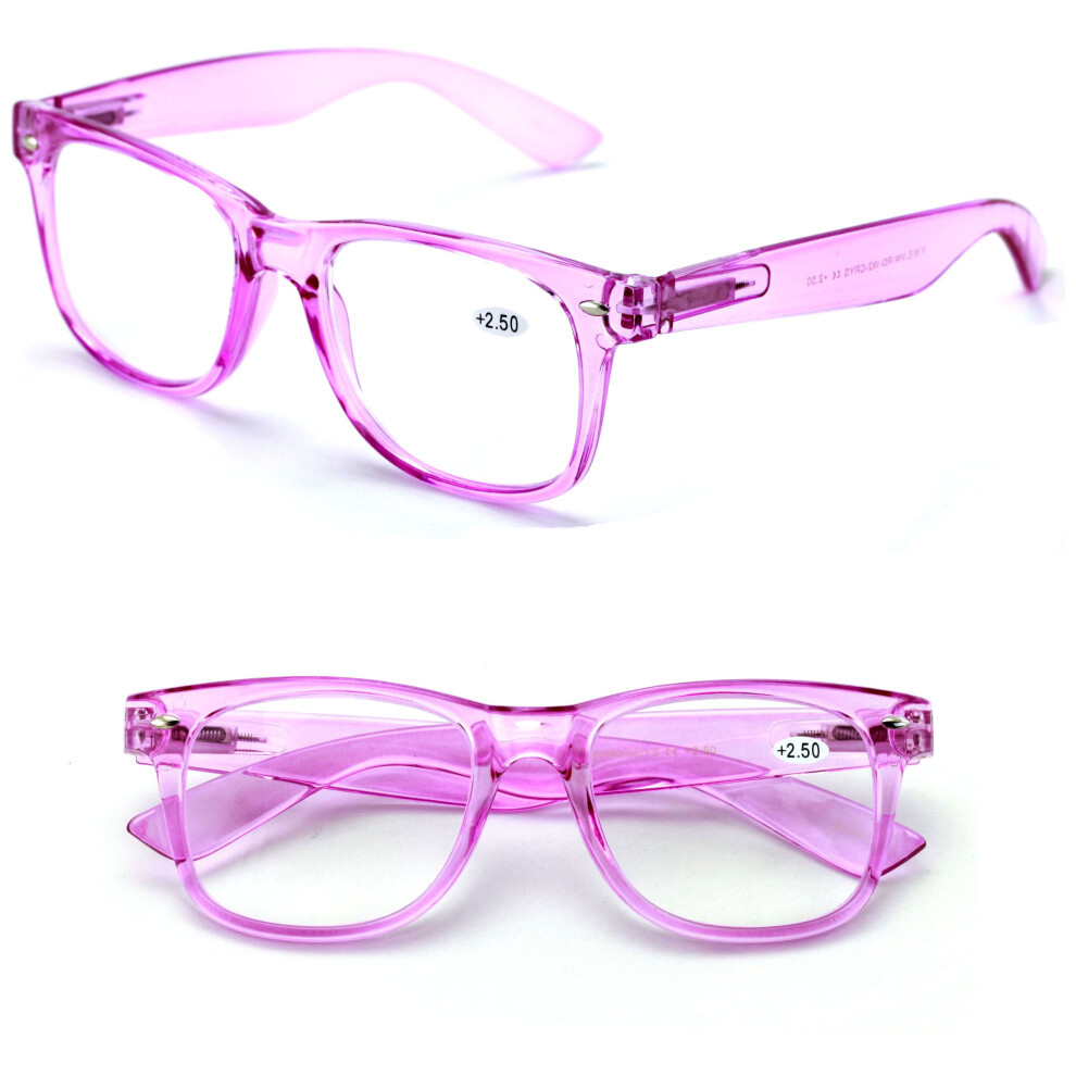 2 Pairs Transparent Neon Color Deluxe Reading Glasses - Comfortable Stylish Simple Readers Rx Magnification