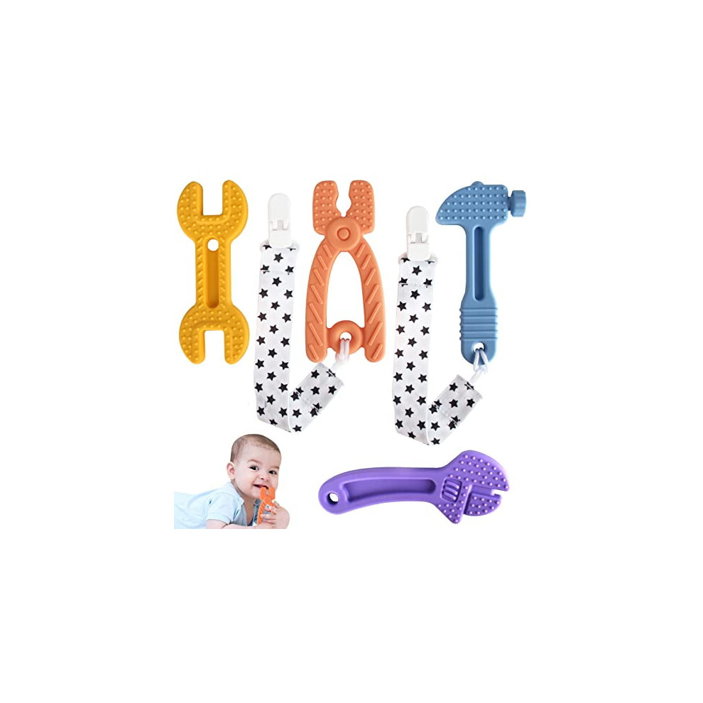 4 Pack Silicone Teething Toys for Toddlers, Infant Hammer Spanner Wrench Pliers Shapes, Baby Teethers to Soothe Gums (Hammer Set)