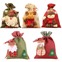 5 sacchetti regalo natalizi con coulisse, riutilizzabili, in tessuto di lino.