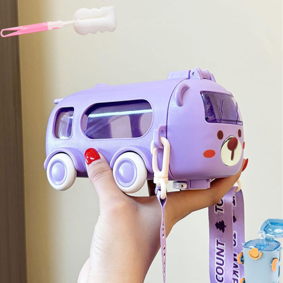 Kids Water Bottle with Straw 500ml Cartoon Bus Shape Leak Proof Cup with Adjustable Strap