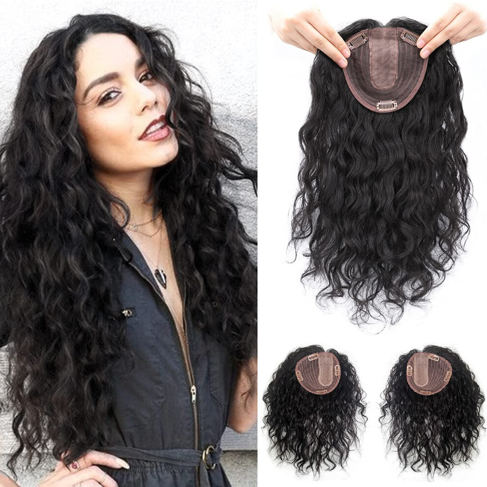 Unisex Dark/Brown 14 Inch Curly Human Hair Topper For Women With Silk Base Left Part, Clip In Hairpiece For Thinning Hair