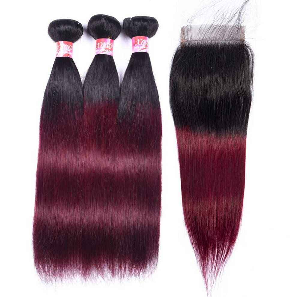 Unisex Red Peruvian Virgin Ombre Wine Straight Hair Bundles With Lace Closure 1B/99J Remy Extensions