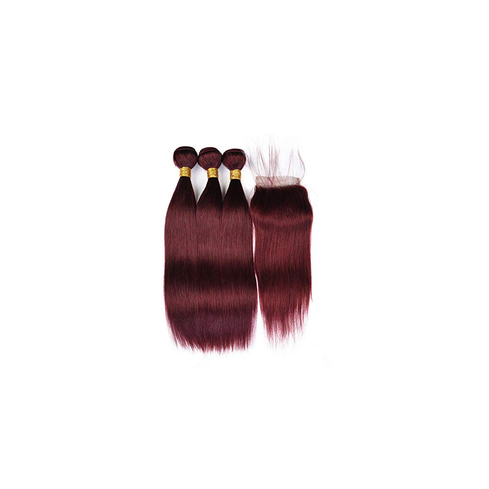 Unisex 99J Remy Human Hair Extensions With 4X4 Closure And Three 10 Inch Bundles Silk Straight