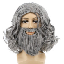 Halloween Wig and Beard Set with Natural Texture, Adult Gray Synthetic Costume, Heat Styling Compatible