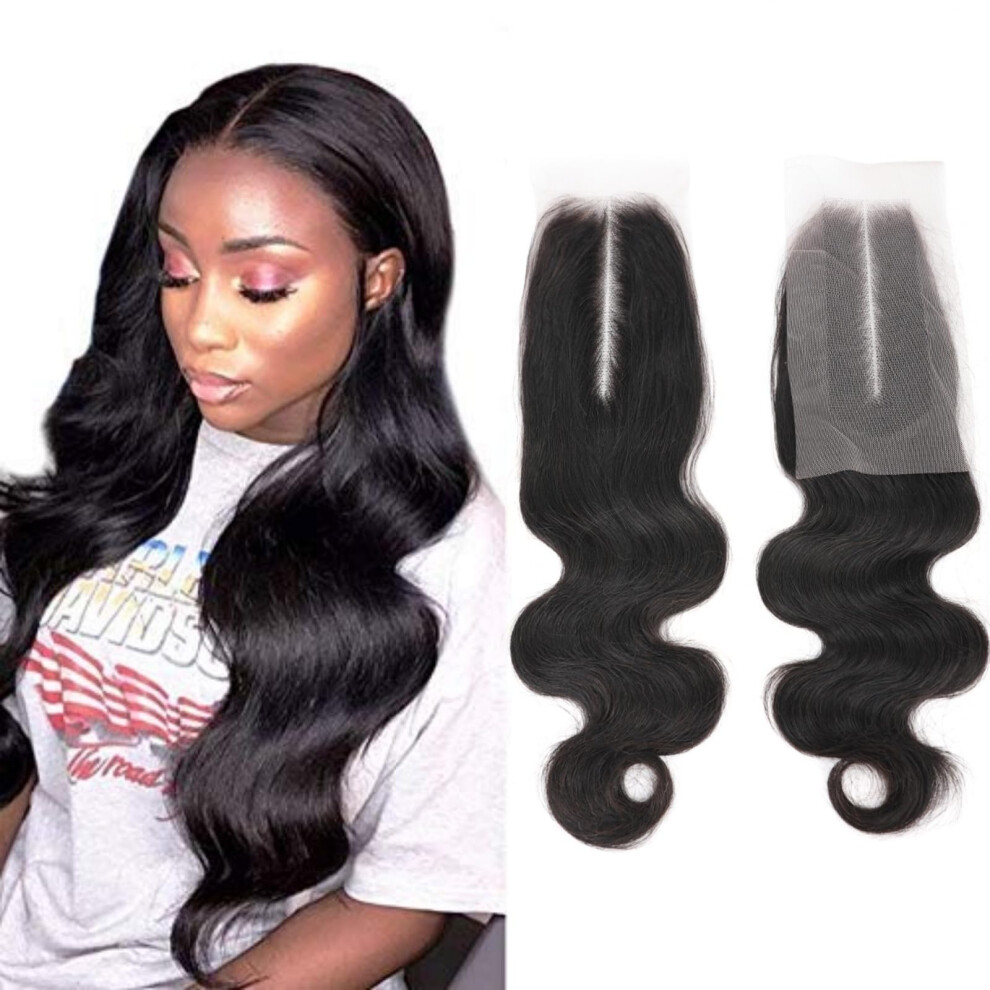 Unisex Black Brazilian Lace Closure 2X6 Deep Middle Part Body Wave Human Hair With Preplucked Baby Hair 16In Natural