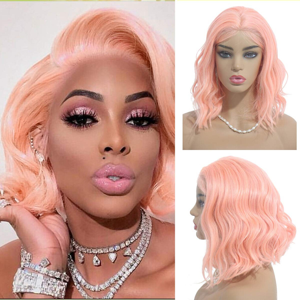 Unisex Pink Wavy Short Bob 13X4 Lace Front Wig Brazilian Virgin Human Hair Glueless Pre Plucked 12'