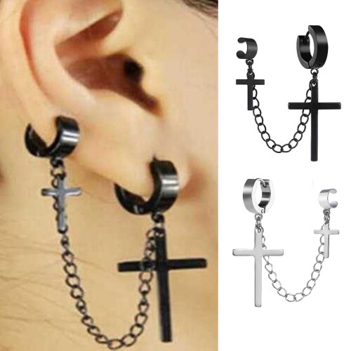Welling1Pc Punk Hip Hop Μεταλλική Αλυσίδα Σκουλαρίκια με Δημιουργικό Σταυρό με Φούντα 1