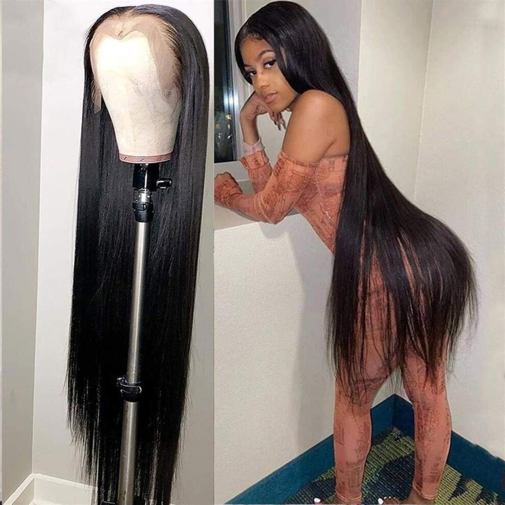 Unisex Black 32 Inch Brazilian Straight Lace Front Wig Human Hair Pre Plucked Natural Hairline 1B