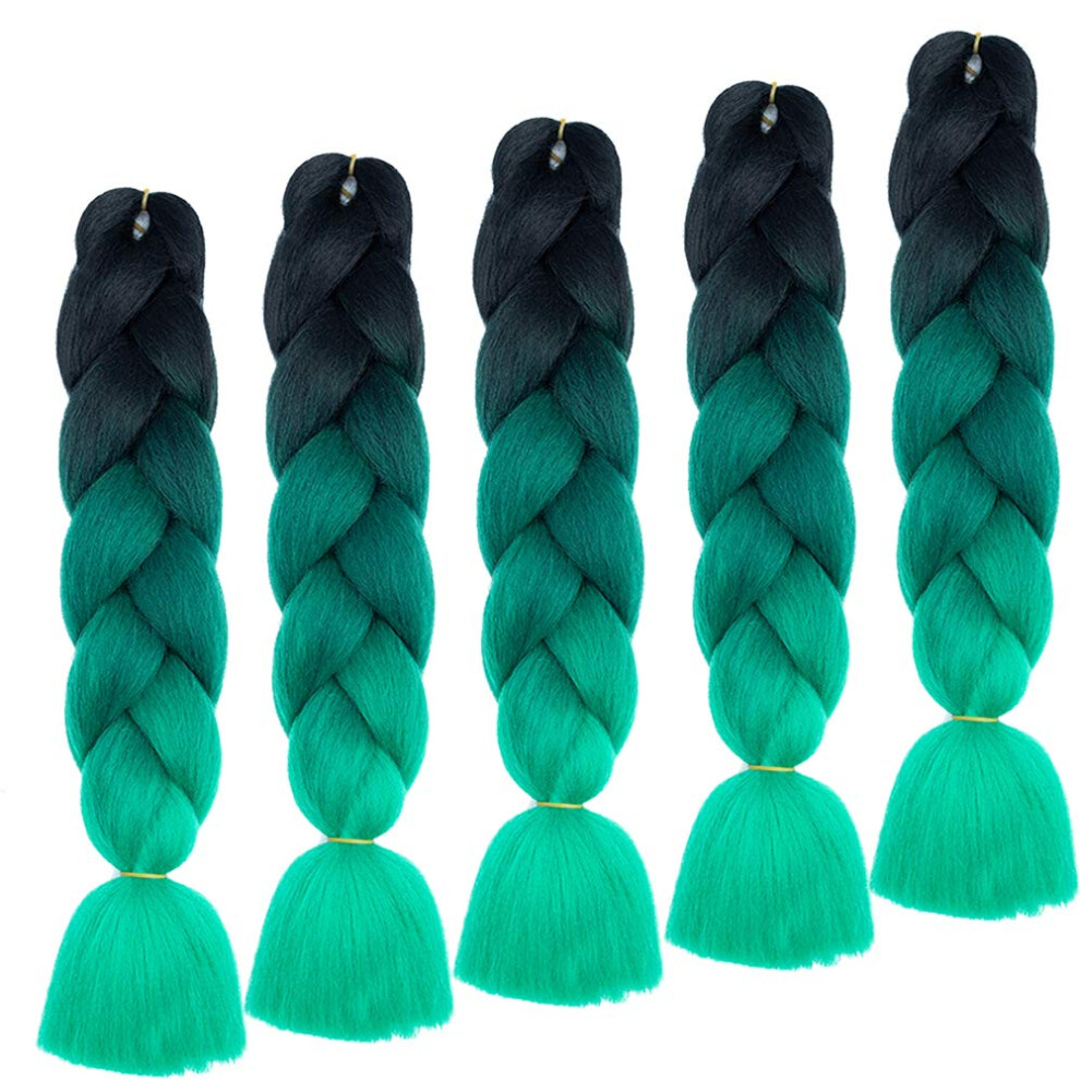 Unisex Green,Black Synthetic Braiding Hair Extensions 24Inch Heat Resistant Ombre Black To Green Jumbo Twist Braids 5 Packs