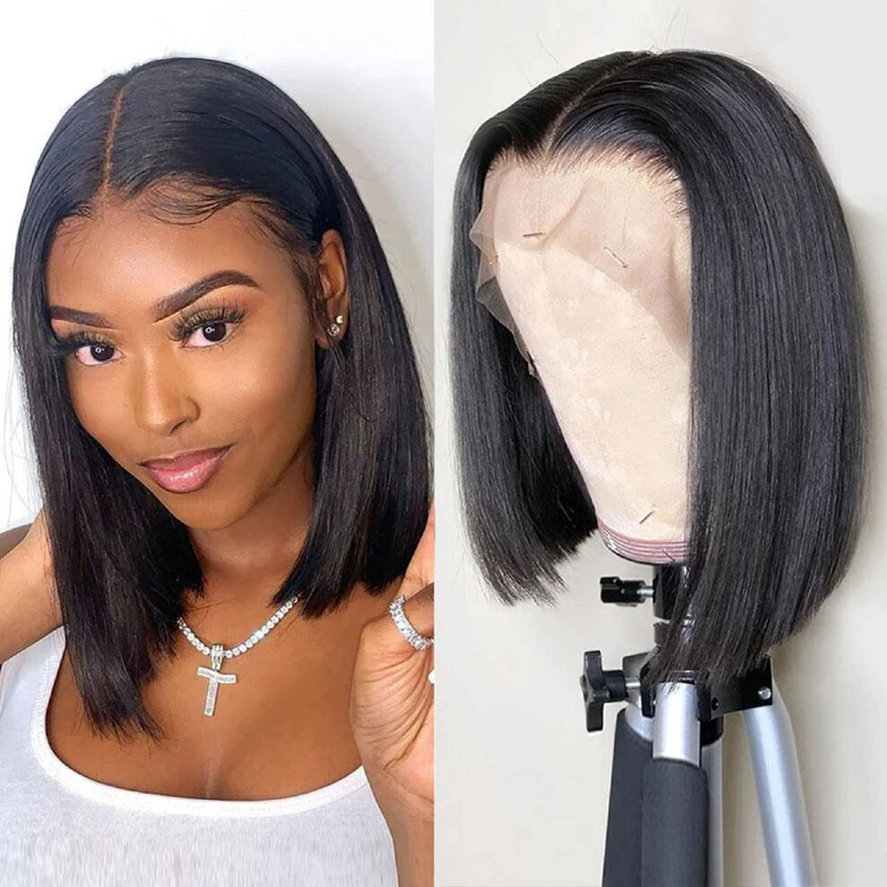 Unisex Black Human Hair Lace Front Wig 8 Inch Brazilian Bob Pre Plucked 13X4 Natural Hairline For Women
