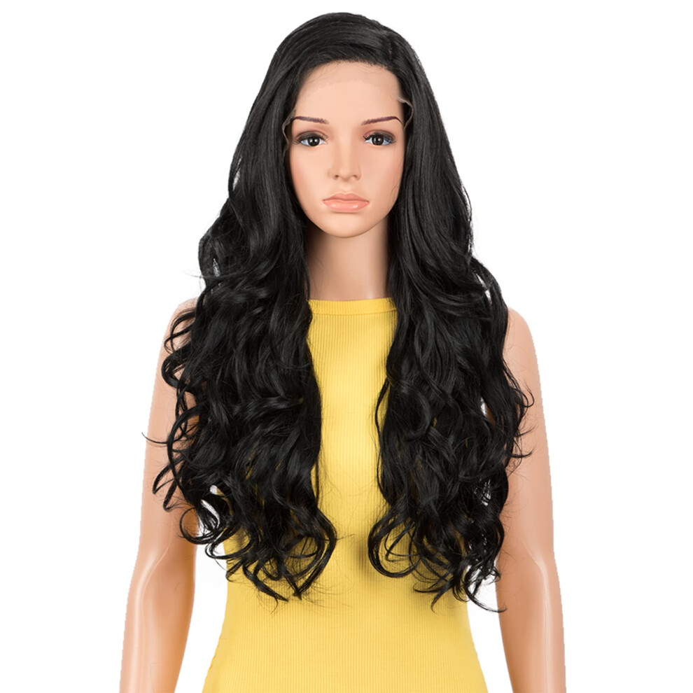 Long Wavy Lace Front Wig 22 Inch 1B Color Synthetic Heat Resistant with Baby Hair