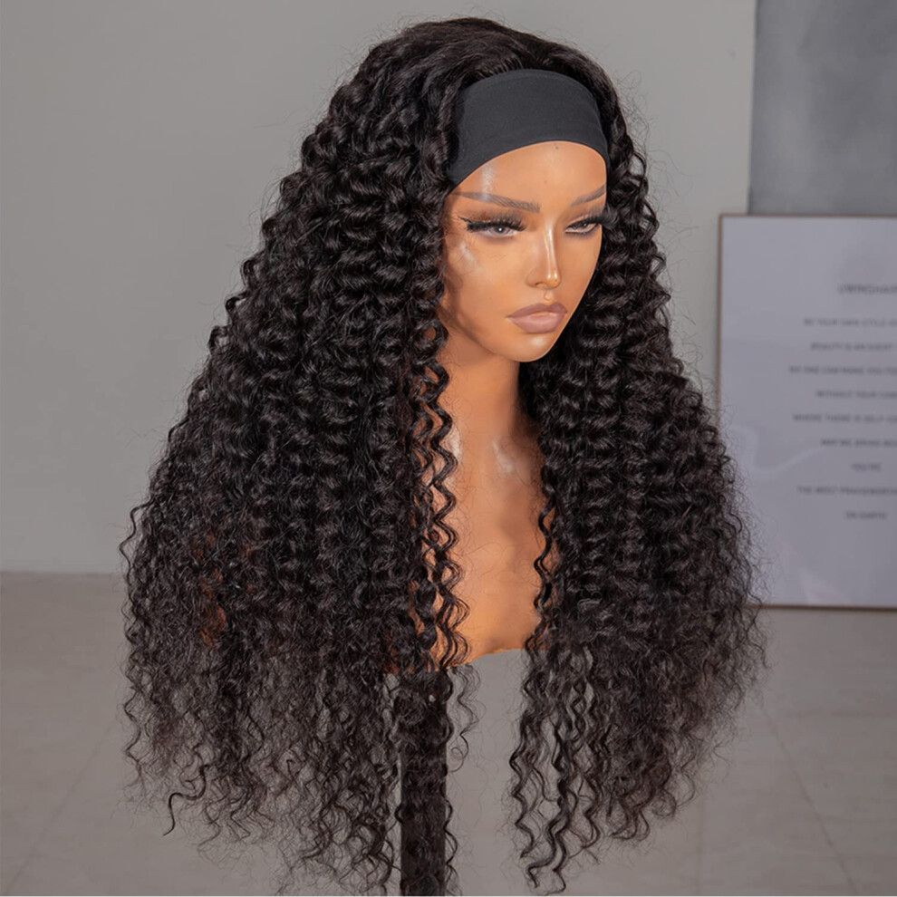 Unisex Black 24 Inch Deep Wave Headband Wig Brazilian Virgin Remy Human Hair 150 Density For Women