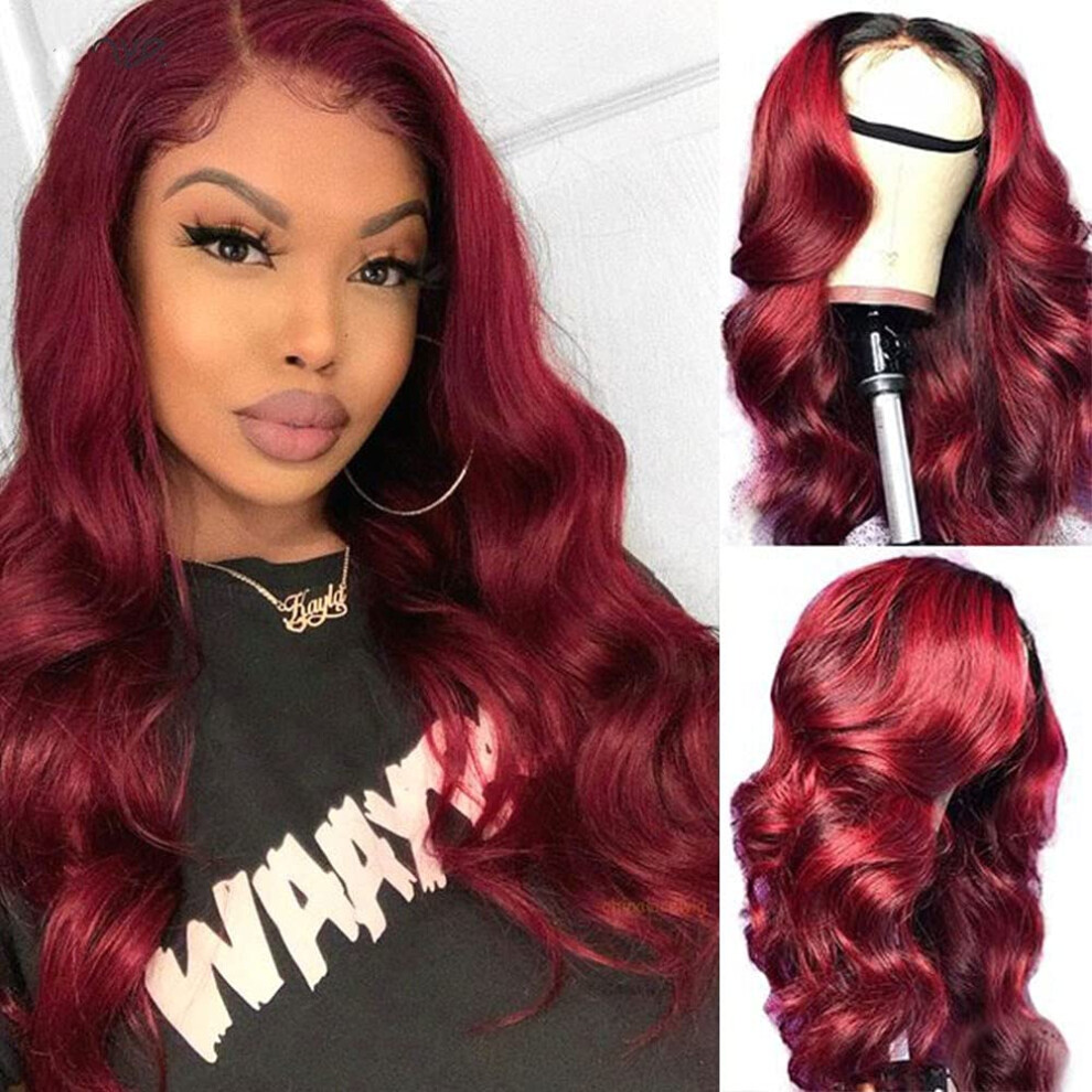 Unisex 18 Inch 180% Density Brazilian Body Wave Human Hair Lace Front Wig Ombre 1B 99J Natural Hairline