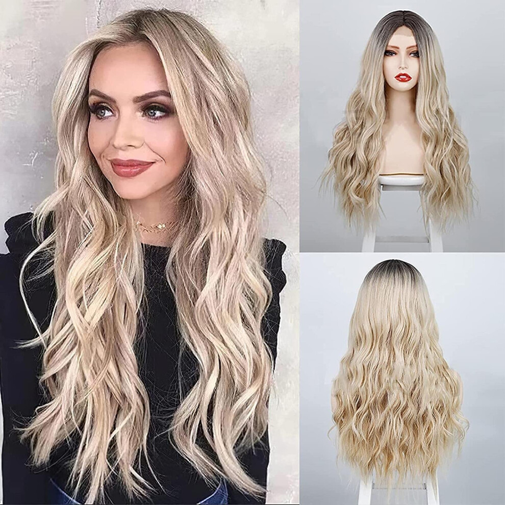 Unisex Dark Long Blonde Curly Wig For Women With Roots, Heat Resistant Synthetic Fiber, Natural Middle Part