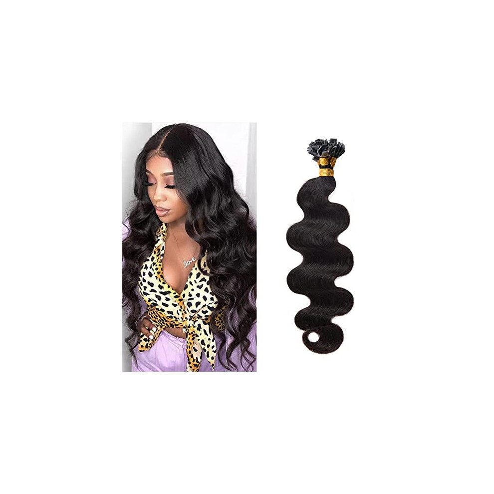 Unisex 28 Inch Brazilian Flat Tip Human Hair Extensions, Pre Bonded Keratin Fusion, Natural Color 100 Strands