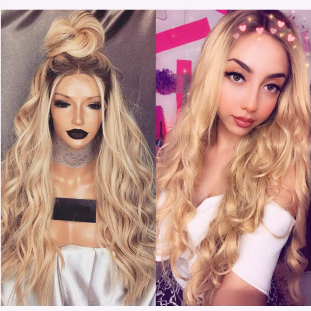 Unisex Brown Blonde Lace Front Wig Ombre With Roots Long Body Wave Heat Resistant Synthetic Hair