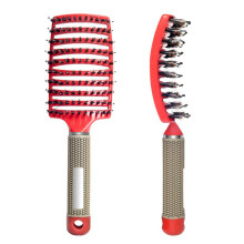 Boar Bristle Vented Hair Brush for Fast Blow Drying, Curved Paddle Detangler for Thick Curly Hair (Red)