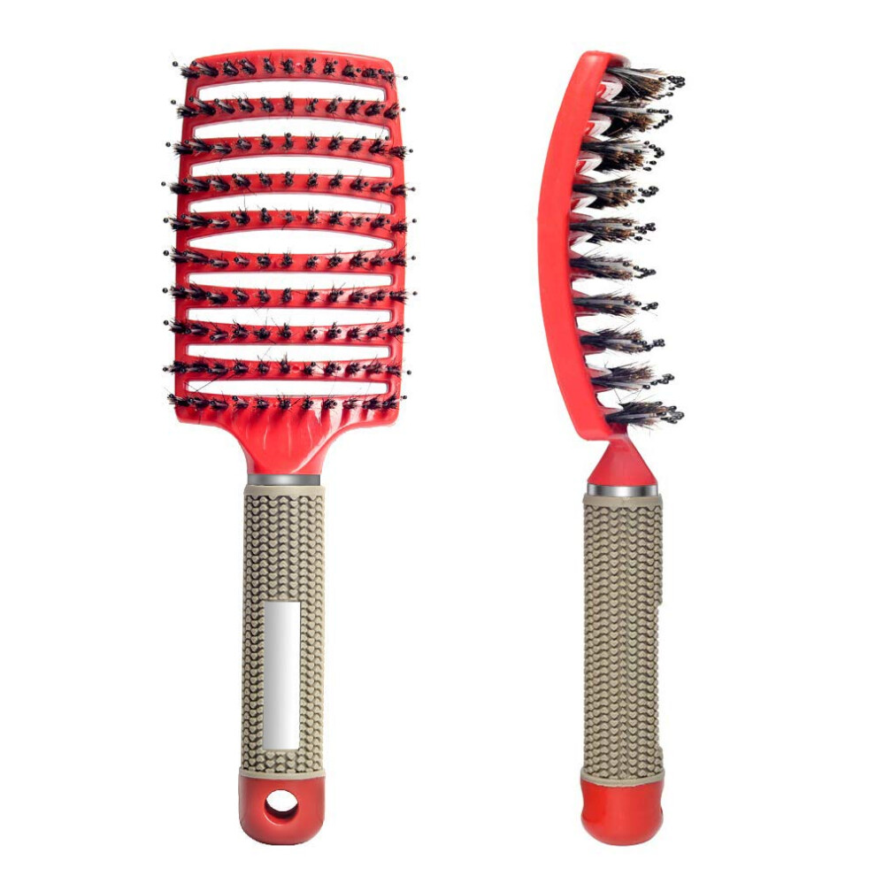 Red Boar Bristle Vented Hair Brush For Fast Blow Drying, Curved Paddle Detangler For Thick Curly Hair (Red)