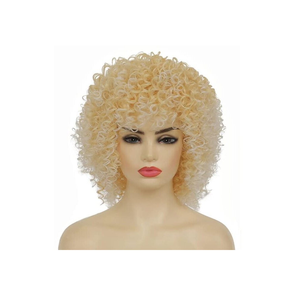 Unisex Blonde Curly Wig With Bangs Short Afro Kinky Ombre Heat Resistant Synthetic Hair For Women