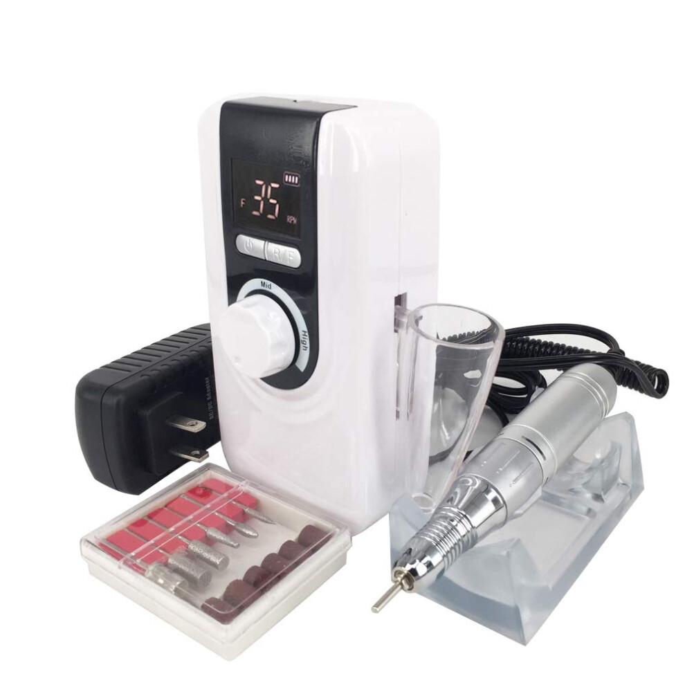 White 35000 Rpm Rechargeable Electric Nail Drill With Bits For Manicure And Pedicure