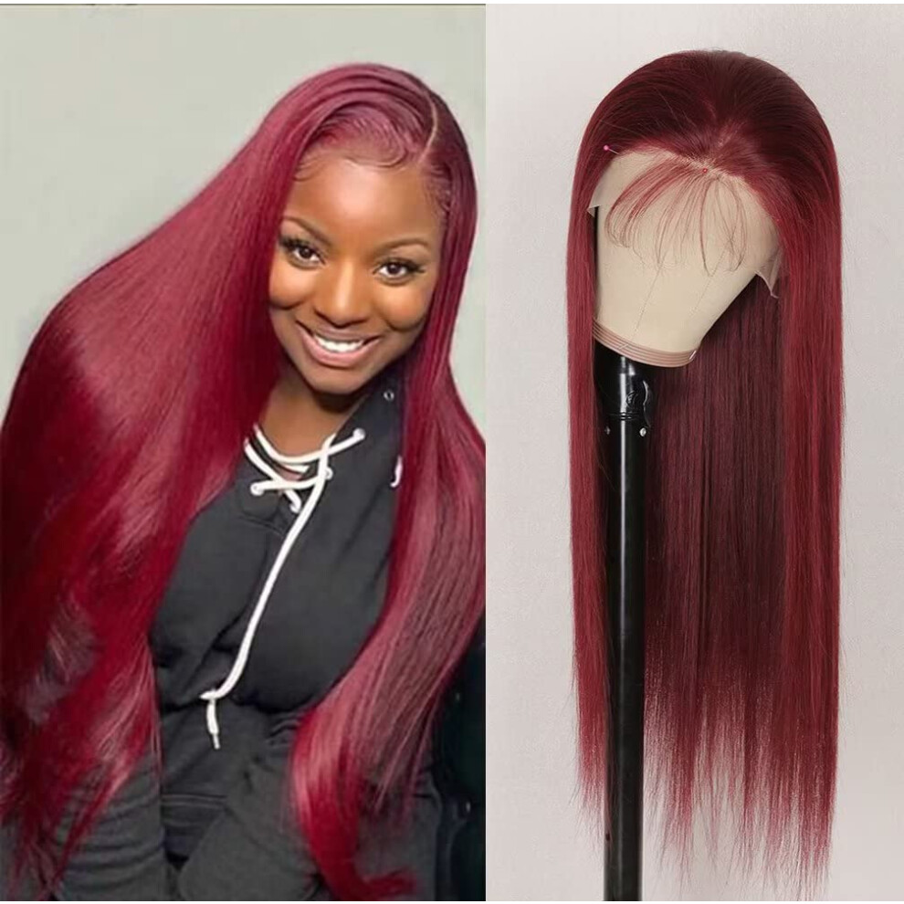 Unisex Red 13X6 Lace Front Wigs Human Hair Pre Plucked Hd Transparent 99J Burgundy Straight Wig 16 Inch