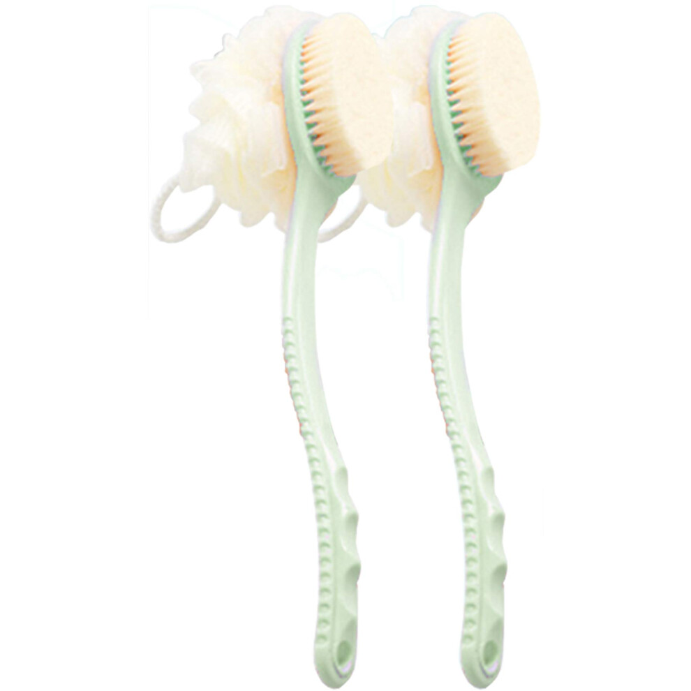 Green 2 Pack Bath Body Brush With Long Handle, Dualsided Bristles And Loofah Exfoliating Back Scrubber