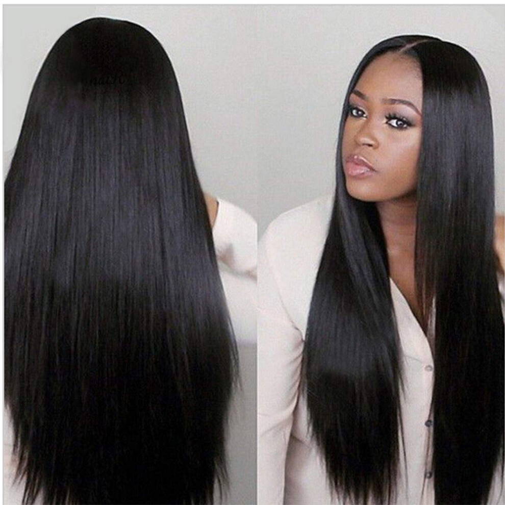 Unisex Black 16 Inch Straight Lace Front Human Hair Wig Malaysian Remy Virgin Pre Plucked For Women