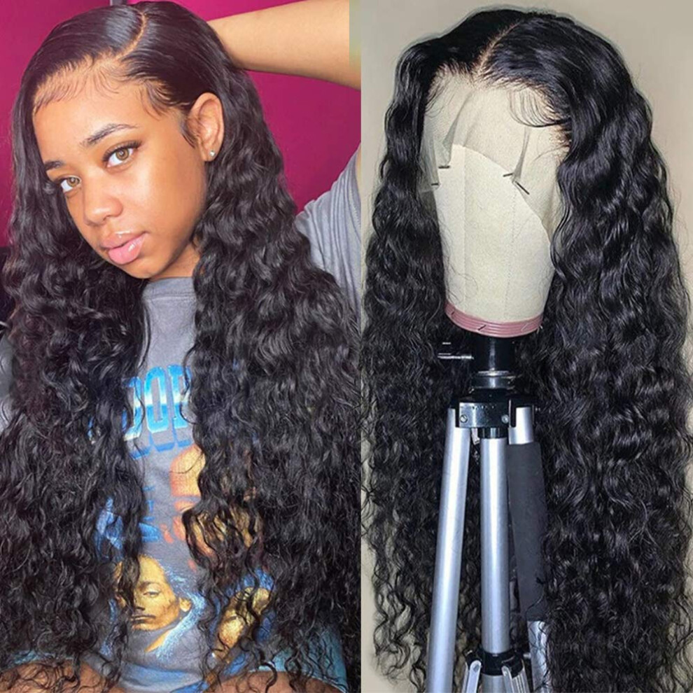 Unisex Black Pre Plucked 360 Lace Frontal Wig Brazilian Water Wave Human Hair 150% Density Glueless 12Inch 1B
