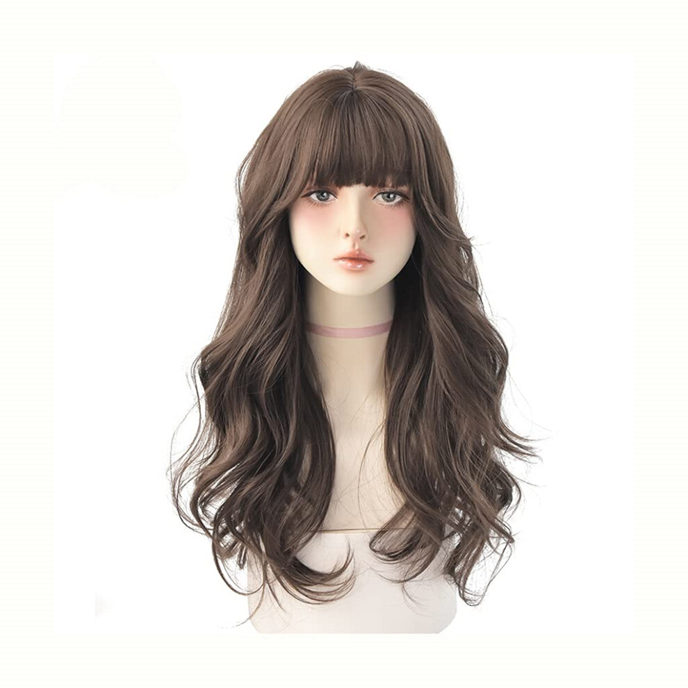 Synthetic Wigs for Women Ombre Brown Black Deep Wave 26 Inch Long Curly with Bangs Heat Resistant