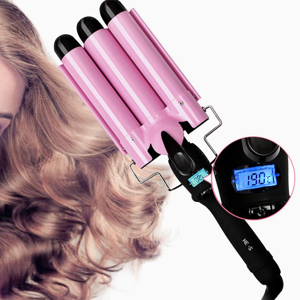 Pink 25Mm Triple Barrel Curling Iron Ceramic Tourmaline Hair Waver With Lcd Temperature Control