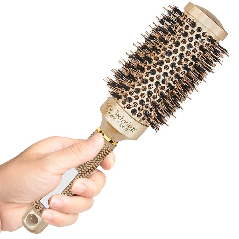 Boar Bristle Round Hair Brush with Ceramic Ionic Barrel for Blow Drying, Volume and Shine