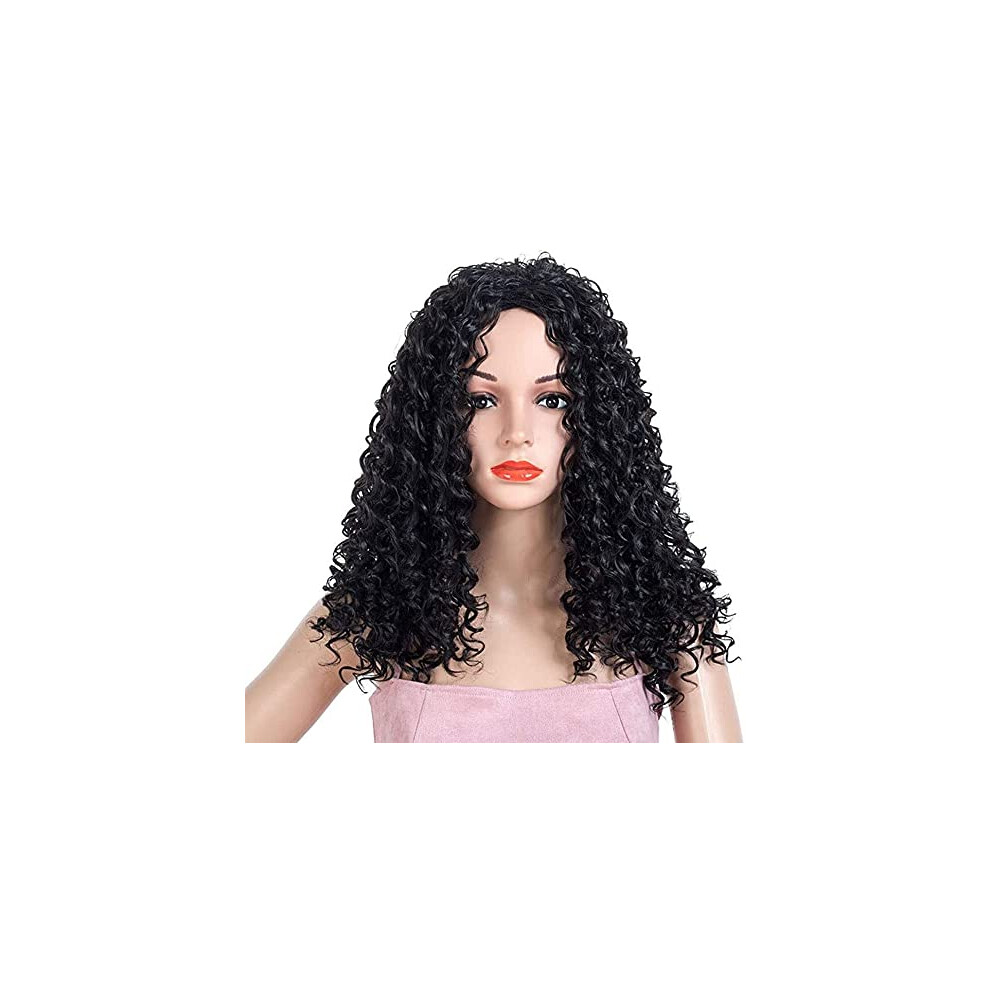 Black Synthetic Wig Long Water Wave Curly Heat Resistant Glueless Natural Look for Daily Wear