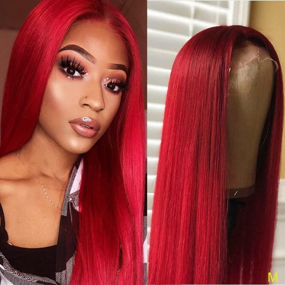 Unisex Red 27 Inch Straight Synthetic Wig With Bangs, Heat Resistant Fiber, Natural Look For Women