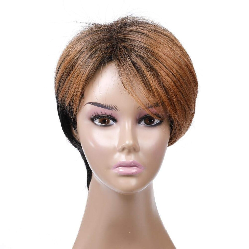 Unisex Black,Brown Short Synthetic Wig For Women Black And Brown Highlights Heat Resistant Natural Hairlike Texture