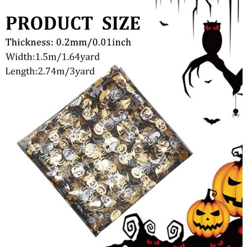 Ύφασμα Halloween 3x1.6Yard Μαύρος Πολυεστέρας με Χρυσό Ασημένιο Κρανίο Κολοκύθας Αράχνης 2