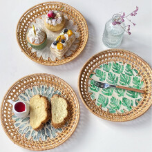 Bandeja de servir de ratán tejida a mano, cesta redonda con forma de concha para café, bebidas, pan, fruta - Bandeja decorativa para aperitivos