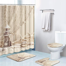 Ensemble de 4 pièces : rideau de douche 183 x 183 cm, 12 crochets, motif animaux marins, tapis de bain antidérapant et protège-toilettes pour
