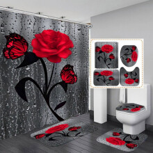 Ensemble de 4 pièces pour la douche : rideau de douche imprimé roses et papillons, tapis de bain, tapis de toilette et tapis en forme de U. Idéal