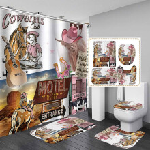 Ensemble de rideau de douche western 4 pièces, motif rodéo, cowboy, étoile du Texas, drapeau vintage, fleurs de bleuet, décoration rustique pour