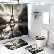 Ensemble de douche 4 pièces Tour Eiffel, design romantique français noir et blanc, comprenant un couvre-toilette, un tapis de bain, un rideau