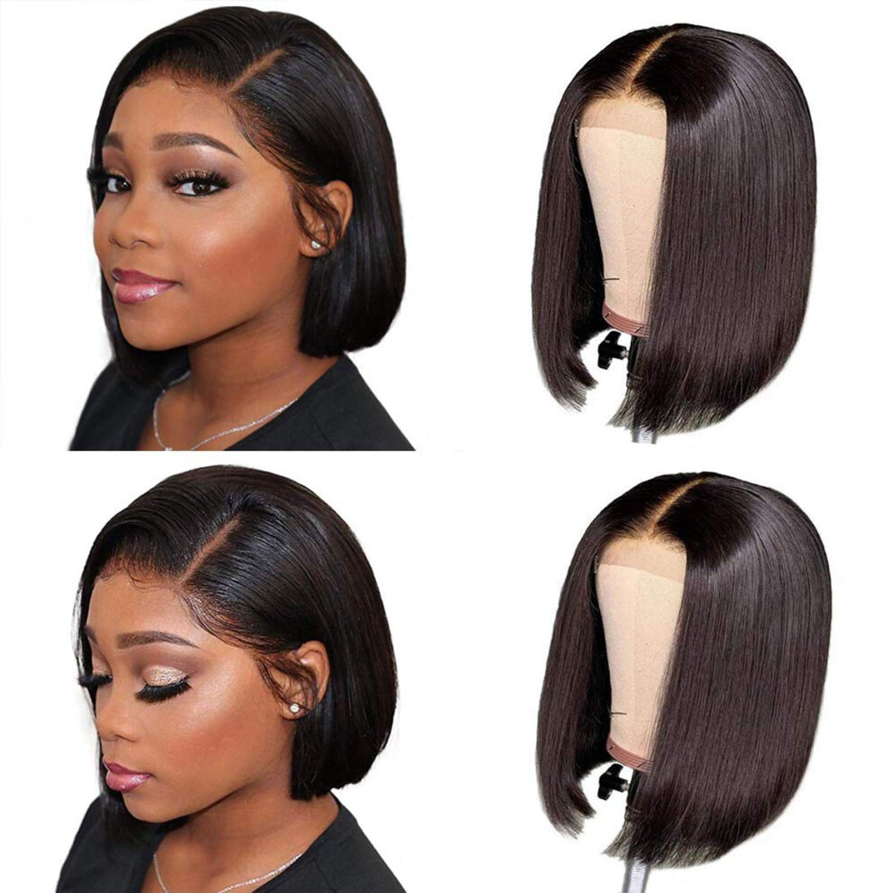 Unisex 14 Inch Short Bob Human Hair Lace Front Wig Pre Plucked 2X6 Closure Virgin Brazilian With Bleached Knots Natural Hairline
