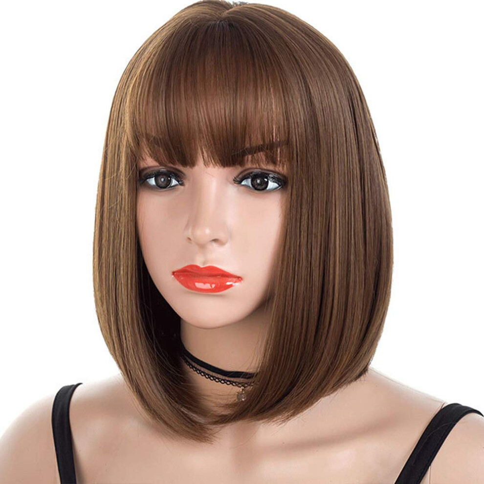 Unisex Brown Short Synthetic Bob Wig With Bangs For Women Natural Look Cosplay Party Adjustable Fit