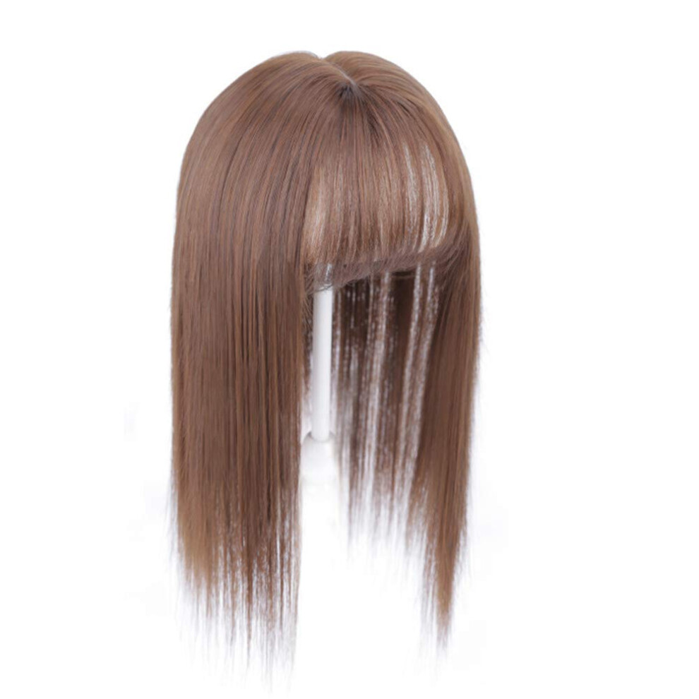 Unisex Brown Hair Topper With Bangs, Synthetic Clip In Crown Hairpiece For Thin Hair, 14In Light Wiglet