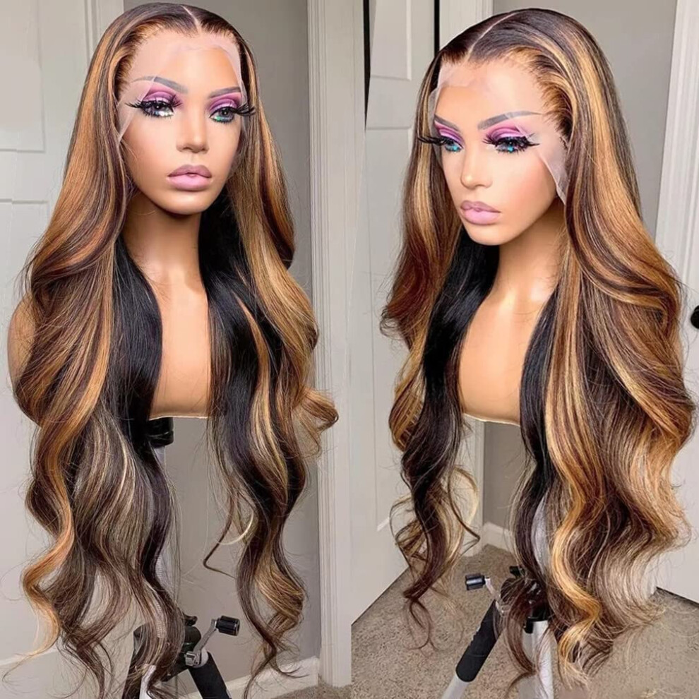 Unisex Black Ombre Honey Blonde Body Wave Human Hair Lace Front Wig 13X4 Transparent PreâPlucked Bleached Knots For Women 14Inch