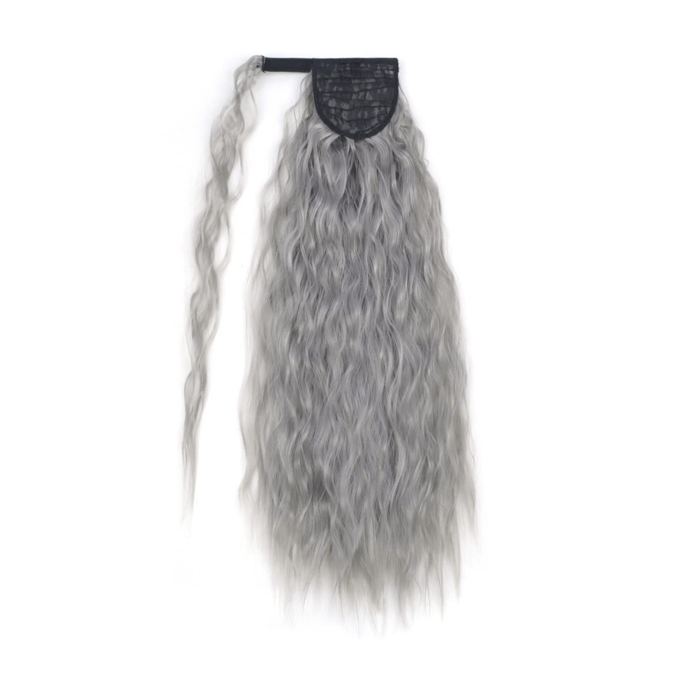 Dark Grey Curly Wavy Clip In Ponytail Hair Extension Heat Resistant Wrap Around Long Corn Wave Hairpiece